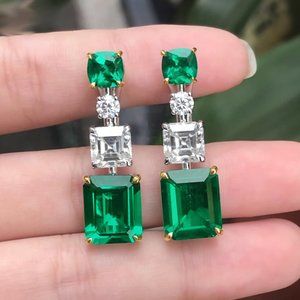 NEW Silver Rectangular Cushion Emerald Princess Cut Diamond Drop Earrings